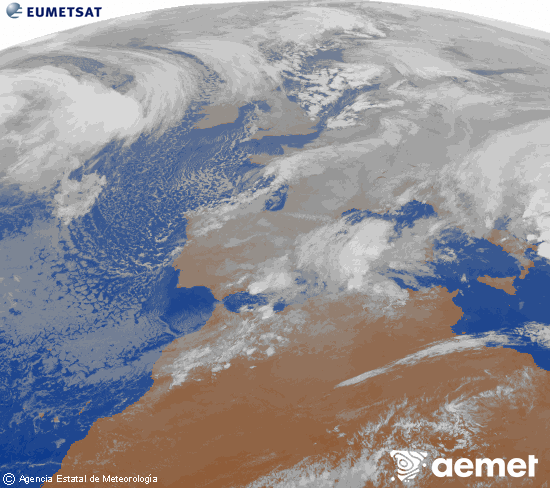 Imagen de la zona de Europa y Norte de �frica del canal infrarrojo del sat�lite Meteosat operacional en 0�N 0�W, procesada para darle color.&nbsp;lunes, 05 enero 2026 a las 19:00