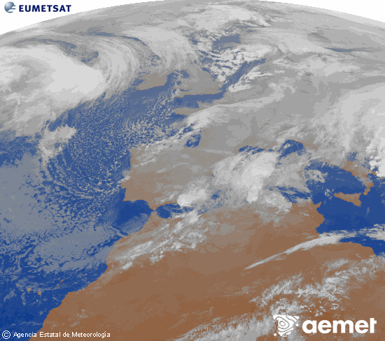 Imagen de la zona de Europa y Norte de �frica del canal infrarrojo del sat�lite Meteosat operacional en 0�N 0�W, procesada para darle color.&nbsp;lunes, 05 enero 2026 a las 20:00