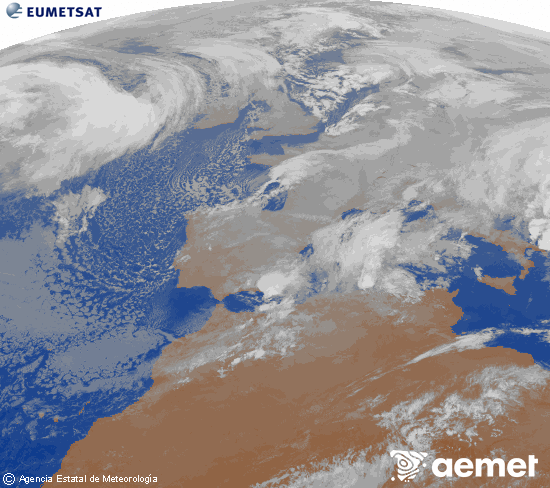 Imagen de la zona de Europa y Norte de �frica del canal infrarrojo del sat�lite Meteosat operacional en 0�N 0�W, procesada para darle color.&nbsp;lunes, 05 enero 2026 a las 21:00