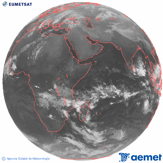 Oc�ano �ndico. Imagen global del canal infrarrojo (10.8&mu;m) de Meteosat, perteneciente a la serie MSG (Meteosat Segunda Generaci�n) y situado en 41.5° E.&nbsp;martes, 06 enero 2026 a las 04:00