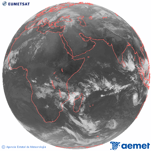 Oc�ano �ndico. Imagen global del canal infrarrojo (10.8&mu;m) de Meteosat, perteneciente a la serie MSG (Meteosat Segunda Generaci�n) y situado en 41.5° E.&nbsp;martes, 06 enero 2026 a las 07:00