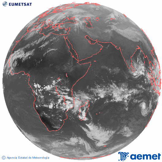 Oc�ano �ndico. Imagen global del canal infrarrojo (10.8&mu;m) de Meteosat, perteneciente a la serie MSG (Meteosat Segunda Generaci�n) y situado en 41.5° E.&nbsp;martes, 06 enero 2026 a las 16:00
