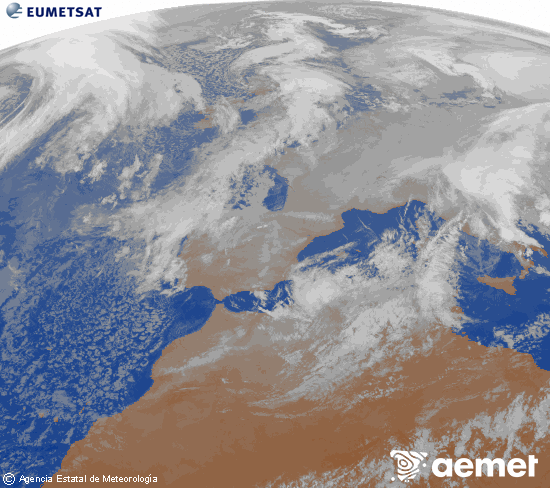 Imagen de la zona de Europa y Norte de �frica del canal infrarrojo del sat�lite Meteosat operacional en 0�N 0�W, procesada para darle color.&nbsp;martes, 06 enero 2026 a las 19:00