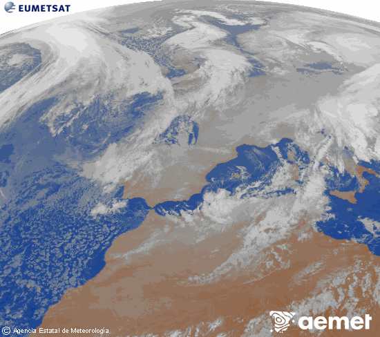 Imagen de la zona de Europa y Norte de �frica del canal infrarrojo del sat�lite Meteosat operacional en 0�N 0�W, procesada para darle color.&nbsp;martes, 06 enero 2026 a las 22:00