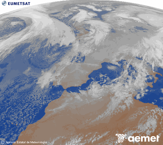 Imagen de la zona de Europa y Norte de �frica del canal infrarrojo del sat�lite Meteosat operacional en 0�N 0�W, procesada para darle color.&nbsp;mi�rcoles, 07 enero 2026 a las 01:00