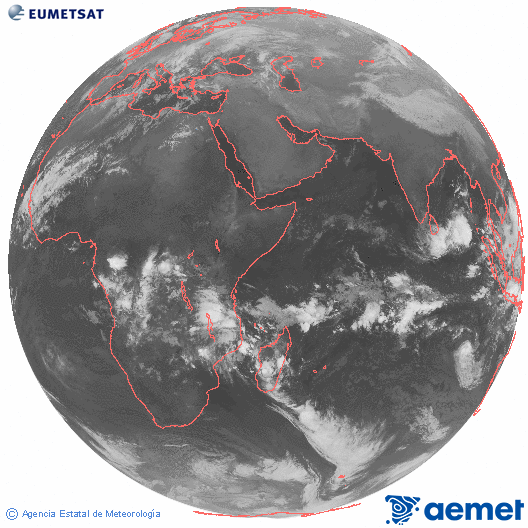 Oc�ano �ndico. Imagen global del canal infrarrojo (10.8&mu;m) de Meteosat, perteneciente a la serie MSG (Meteosat Segunda Generaci�n) y situado en 41.5° E.&nbsp;mi�rcoles, 07 enero 2026 a las 01:00