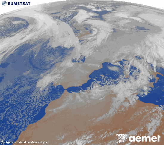 Imagen de la zona de Europa y Norte de �frica del canal infrarrojo del sat�lite Meteosat operacional en 0�N 0�W, procesada para darle color.&nbsp;mi�rcoles, 07 enero 2026 a las 02:00