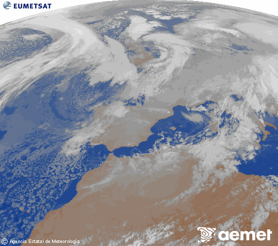 Imagen de la zona de Europa y Norte de �frica del canal infrarrojo del sat�lite Meteosat operacional en 0�N 0�W, procesada para darle color.&nbsp;mi�rcoles, 07 enero 2026 a las 03:00
