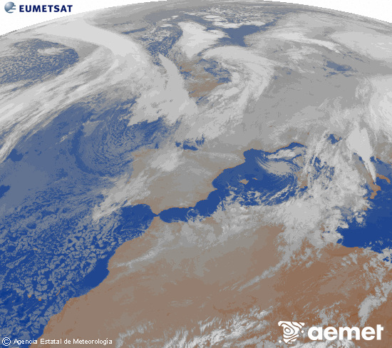 Imagen de la zona de Europa y Norte de �frica del canal infrarrojo del sat�lite Meteosat operacional en 0�N 0�W, procesada para darle color.&nbsp;mi�rcoles, 07 enero 2026 a las 04:00