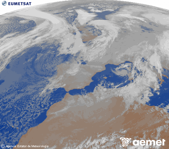 Imagen de la zona de Europa y Norte de �frica del canal infrarrojo del sat�lite Meteosat operacional en 0�N 0�W, procesada para darle color.&nbsp;mi�rcoles, 07 enero 2026 a las 05:00