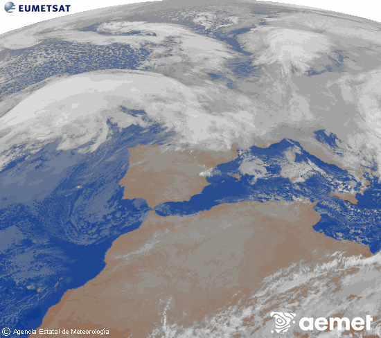 Imagen de la zona de Europa y Norte de �frica del canal infrarrojo del sat�lite Meteosat operacional en 0�N 0�W, procesada para darle color.&nbsp;jueves, 08 enero 2026 a las 01:00