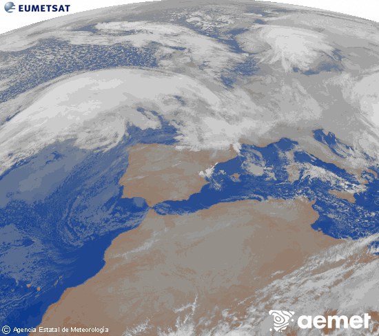 Imagen de la zona de Europa y Norte de �frica del canal infrarrojo del sat�lite Meteosat operacional en 0�N 0�W, procesada para darle color.&nbsp;jueves, 08 enero 2026 a las 03:00