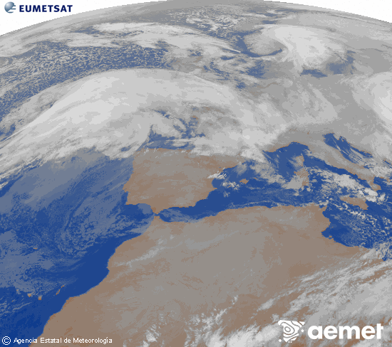 Imagen de la zona de Europa y Norte de �frica del canal infrarrojo del sat�lite Meteosat operacional en 0�N 0�W, procesada para darle color.&nbsp;jueves, 08 enero 2026 a las 05:00
