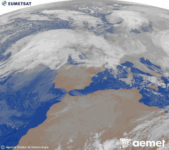 Imagen de la zona de Europa y Norte de �frica del canal infrarrojo del sat�lite Meteosat operacional en 0�N 0�W, procesada para darle color.&nbsp;jueves, 08 enero 2026 a las 06:00