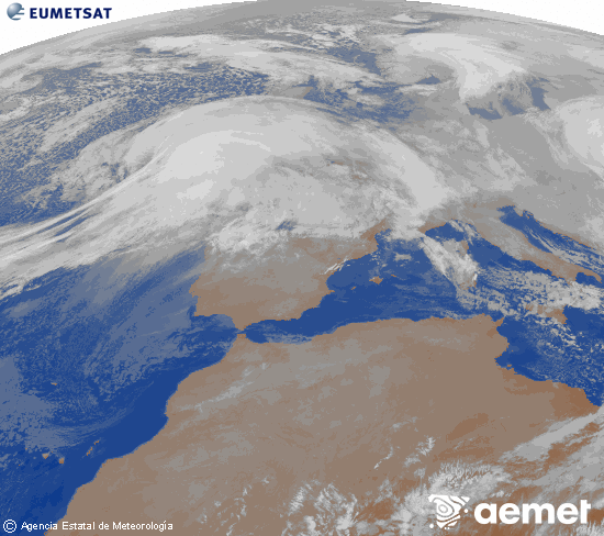 Imagen de la zona de Europa y Norte de �frica del canal infrarrojo del sat�lite Meteosat operacional en 0�N 0�W, procesada para darle color.&nbsp;jueves, 08 enero 2026 a las 09:00