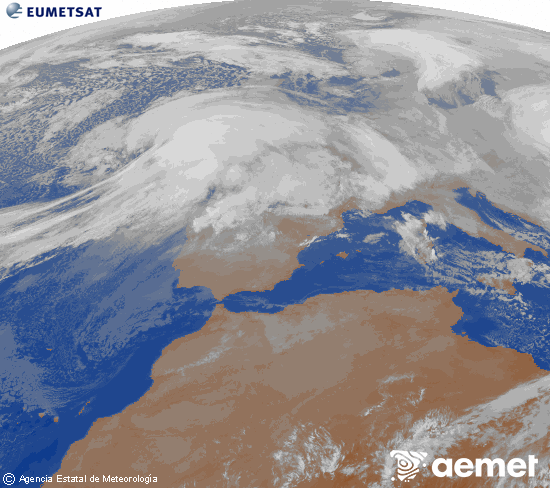 Imagen de la zona de Europa y Norte de �frica del canal infrarrojo del sat�lite Meteosat operacional en 0�N 0�W, procesada para darle color.&nbsp;jueves, 08 enero 2026 a las 10:00