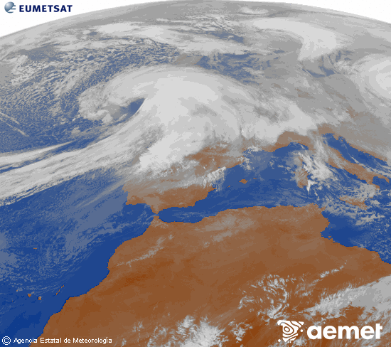 Imagen de la zona de Europa y Norte de �frica del canal infrarrojo del sat�lite Meteosat operacional en 0�N 0�W, procesada para darle color.&nbsp;jueves, 08 enero 2026 a las 13:00