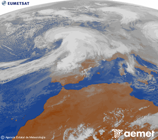 Imagen de la zona de Europa y Norte de �frica del canal infrarrojo del sat�lite Meteosat operacional en 0�N 0�W, procesada para darle color.&nbsp;Thursday, 8 January  2026 14:00
