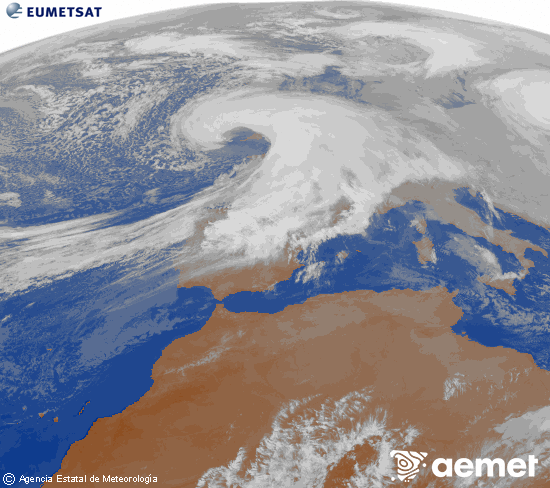 Imagen de la zona de Europa y Norte de �frica del canal infrarrojo del sat�lite Meteosat operacional en 0�N 0�W, procesada para darle color.&nbsp;Thursday, 8 January  2026 17:00