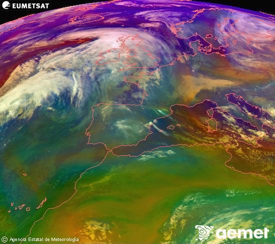 Composici�n RGB na que se mesturan varias canles do sat�lite Meteosat operacional en 0� N 0� W, que nos d� unha idea das caracter�sticas das masas de aire e da nebulosidade.&nbsp;domingo, 11 xaneiro  2026 01:00