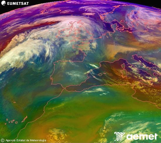 Composici�n RGB na que se mesturan varias canles do sat�lite Meteosat operacional en 0� N 0� W, que nos d� unha idea das caracter�sticas das masas de aire e da nebulosidade.&nbsp;domingo, 11 xaneiro  2026 02:00