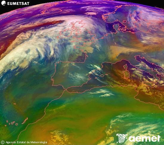 Composici�n RGB na que se mesturan varias canles do sat�lite Meteosat operacional en 0� N 0� W, que nos d� unha idea das caracter�sticas das masas de aire e da nebulosidade.&nbsp;domingo, 11 xaneiro  2026 03:00