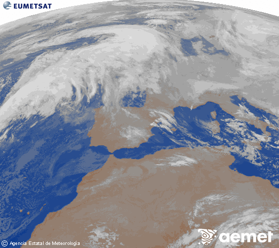Imatge de la zona d'Europa i Nord d'�frica del canal infraroig del sat�l�lit Meteosat operacional en 0�N 0�W, processada per a donar-li color.&nbsp;diumenge, 11 de gener  2026 04:00