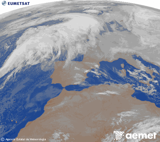 Imatge de la zona d'Europa i Nord d'�frica del canal infraroig del sat�l�lit Meteosat operacional en 0�N 0�W, processada per a donar-li color.&nbsp;diumenge, 11 de gener  2026 06:00