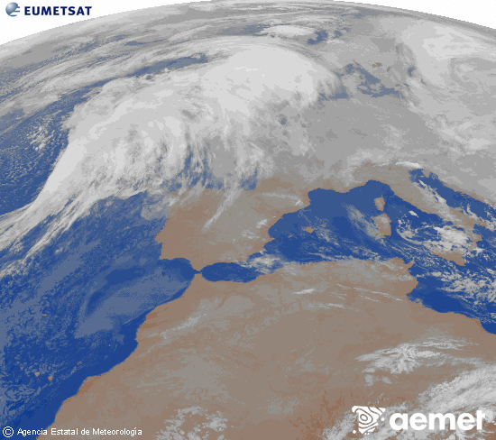 Imatge de la zona d'Europa i Nord d'�frica del canal infraroig del sat�l�lit Meteosat operacional en 0�N 0�W, processada per a donar-li color.&nbsp;diumenge, 11 de gener  2026 08:00