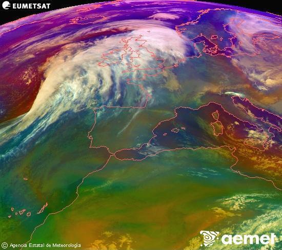 Composici�n RGB na que se mesturan varias canles do sat�lite Meteosat operacional en 0� N 0� W, que nos d� unha idea das caracter�sticas das masas de aire e da nebulosidade.&nbsp;domingo, 11 xaneiro  2026 09:00