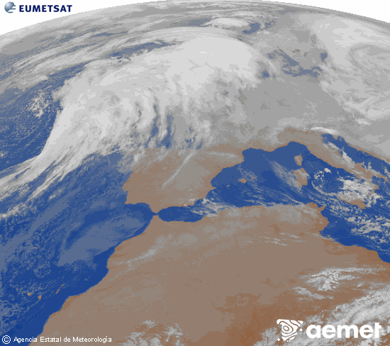 Imatge de la zona d'Europa i Nord d'�frica del canal infraroig del sat�l�lit Meteosat operacional en 0�N 0�W, processada per a donar-li color.&nbsp;diumenge, 11 de gener  2026 09:00