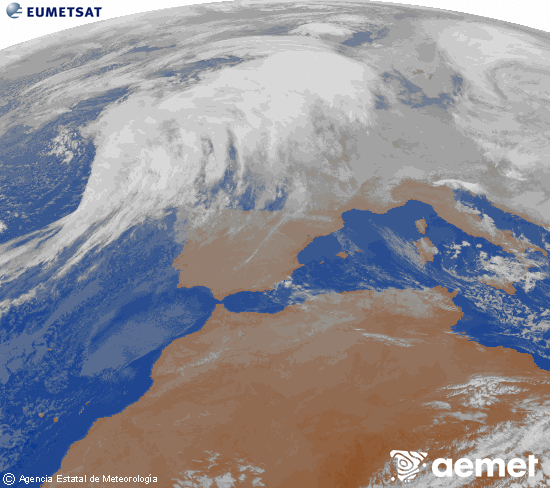 Imatge de la zona d'Europa i Nord d'�frica del canal infraroig del sat�l�lit Meteosat operacional en 0�N 0�W, processada per a donar-li color.&nbsp;diumenge, 11 de gener  2026 10:00