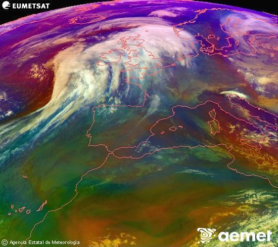 Composici�n RGB na que se mesturan varias canles do sat�lite Meteosat operacional en 0� N 0� W, que nos d� unha idea das caracter�sticas das masas de aire e da nebulosidade.&nbsp;domingo, 11 xaneiro  2026 11:00