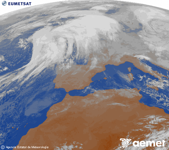 Imatge de la zona d'Europa i Nord d'�frica del canal infraroig del sat�l�lit Meteosat operacional en 0�N 0�W, processada per a donar-li color.&nbsp;diumenge, 11 de gener  2026 11:00