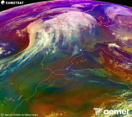 Composici�n RGB na que se mesturan varias canles do sat�lite Meteosat operacional en 0� N 0� W, que nos d� unha idea das caracter�sticas das masas de aire e da nebulosidade.&nbsp;domingo, 11 xaneiro  2026 12:00
