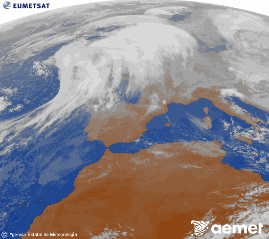 Imatge de la zona d'Europa i Nord d'�frica del canal infraroig del sat�l�lit Meteosat operacional en 0�N 0�W, processada per a donar-li color.&nbsp;diumenge, 11 de gener  2026 12:00