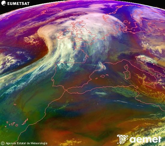 Composici�n RGB na que se mesturan varias canles do sat�lite Meteosat operacional en 0� N 0� W, que nos d� unha idea das caracter�sticas das masas de aire e da nebulosidade.&nbsp;domingo, 11 xaneiro  2026 14:00