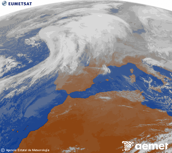 Imatge de la zona d'Europa i Nord d'�frica del canal infraroig del sat�l�lit Meteosat operacional en 0�N 0�W, processada per a donar-li color.&nbsp;diumenge, 11 de gener  2026 14:00