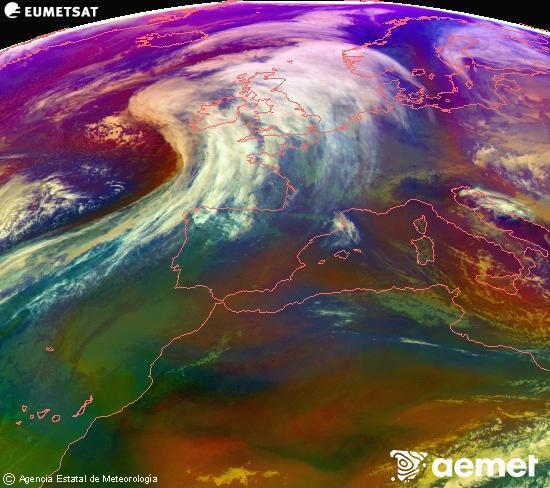 Composici�n RGB na que se mesturan varias canles do sat�lite Meteosat operacional en 0� N 0� W, que nos d� unha idea das caracter�sticas das masas de aire e da nebulosidade.&nbsp;domingo, 11 xaneiro  2026 15:00