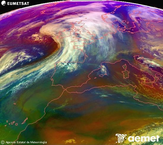 Composici�n RGB na que se mesturan varias canles do sat�lite Meteosat operacional en 0� N 0� W, que nos d� unha idea das caracter�sticas das masas de aire e da nebulosidade.&nbsp;domingo, 11 xaneiro  2026 16:00