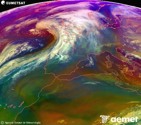 Composici�n RGB na que se mesturan varias canles do sat�lite Meteosat operacional en 0� N 0� W, que nos d� unha idea das caracter�sticas das masas de aire e da nebulosidade.&nbsp;domingo, 11 xaneiro  2026 17:00