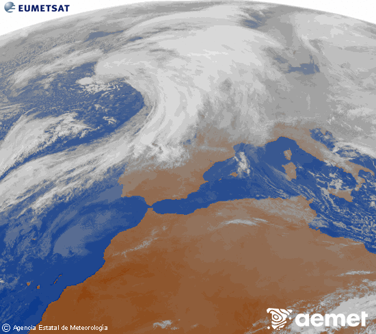Imatge de la zona d'Europa i Nord d'�frica del canal infraroig del sat�l�lit Meteosat operacional en 0�N 0�W, processada per a donar-li color.&nbsp;diumenge, 11 de gener  2026 17:00