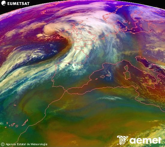 Composici�n RGB na que se mesturan varias canles do sat�lite Meteosat operacional en 0� N 0� W, que nos d� unha idea das caracter�sticas das masas de aire e da nebulosidade.&nbsp;domingo, 11 xaneiro  2026 18:00