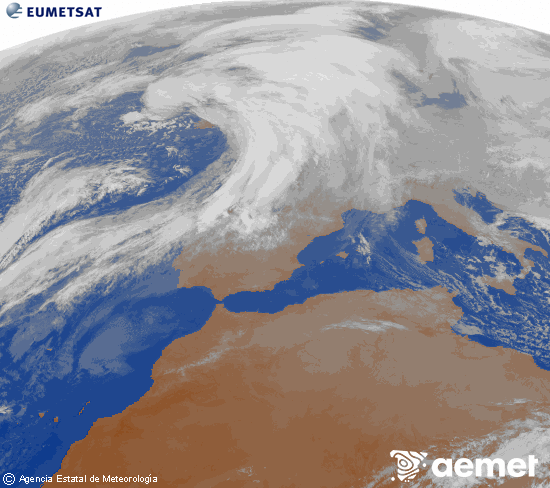Imatge de la zona d'Europa i Nord d'�frica del canal infraroig del sat�l�lit Meteosat operacional en 0�N 0�W, processada per a donar-li color.&nbsp;diumenge, 11 de gener  2026 18:00
