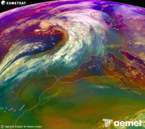 Composici�n RGB na que se mesturan varias canles do sat�lite Meteosat operacional en 0� N 0� W, que nos d� unha idea das caracter�sticas das masas de aire e da nebulosidade.&nbsp;domingo, 11 xaneiro  2026 19:00