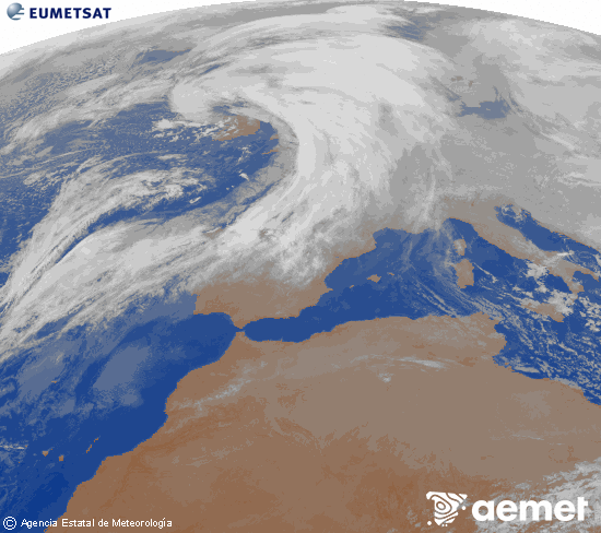 Imatge de la zona d'Europa i Nord d'�frica del canal infraroig del sat�l�lit Meteosat operacional en 0�N 0�W, processada per a donar-li color.&nbsp;diumenge, 11 de gener  2026 20:00