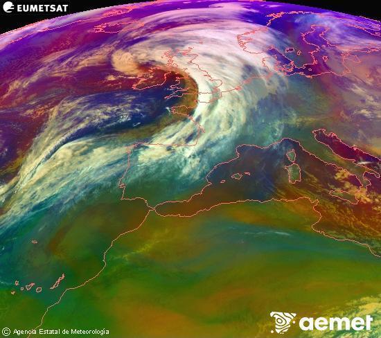 Composici�n RGB na que se mesturan varias canles do sat�lite Meteosat operacional en 0� N 0� W, que nos d� unha idea das caracter�sticas das masas de aire e da nebulosidade.&nbsp;domingo, 11 xaneiro  2026 21:00