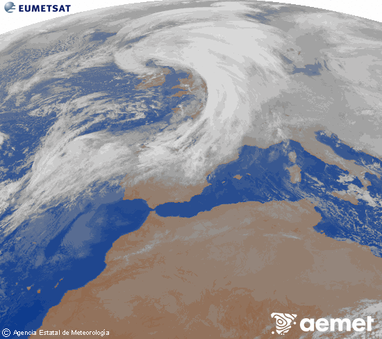Imatge de la zona d'Europa i Nord d'�frica del canal infraroig del sat�l�lit Meteosat operacional en 0�N 0�W, processada per a donar-li color.&nbsp;diumenge, 11 de gener  2026 22:00