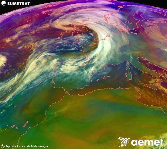 Composici�n RGB en la que se mezclan varios canales del sat�lite Meteosat operacional en 0�N 0�W, que nos da una idea de las caracter�sticas de las masas de aire y de la nubosidad.&nbsp;lunes, 12 enero 2026 a las 00:00