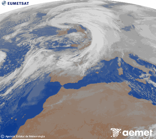 Imatge de la zona d'Europa i Nord d'�frica del canal infraroig del sat�l�lit Meteosat operacional en 0�N 0�W, processada per a donar-li color.&nbsp;dilluns, 12 de gener  2026 00:00